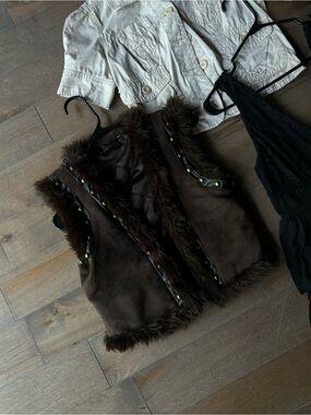 Vintage Brown Faux Fur Trim Vest
